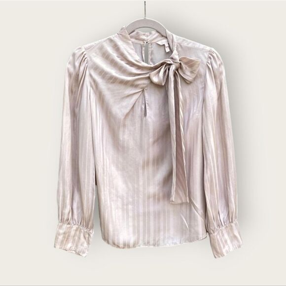 Rebecca Taylor Pink Silk Tonal Kitten Bow Lavaliere Collar Pin Stripe Blouse 12 - Picture 4 of 7